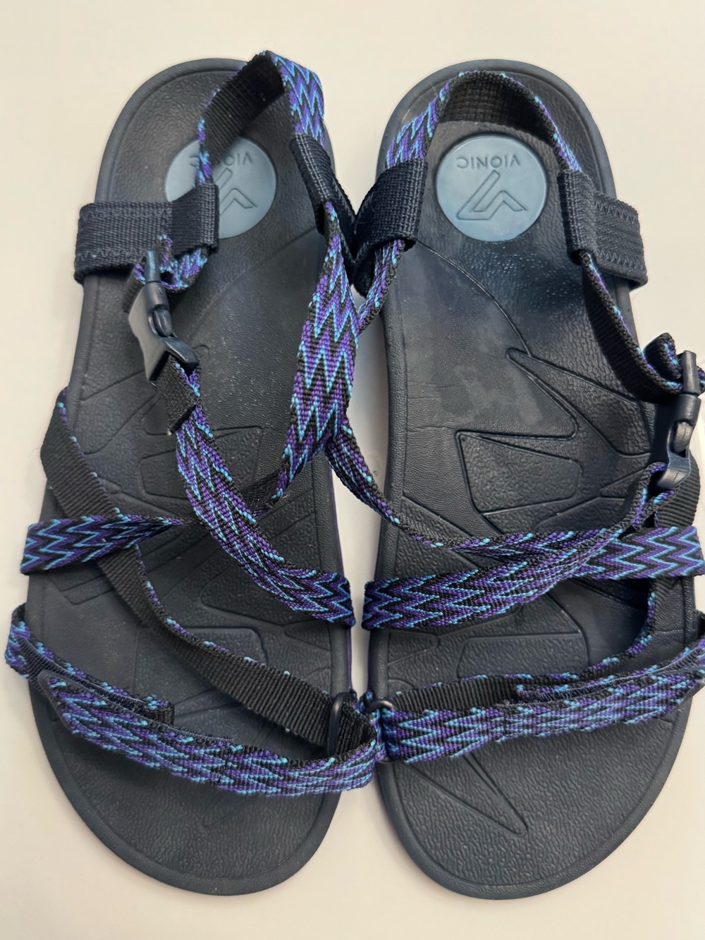 Vionic Black Sandals with Purple and Blue Zigzag Straps